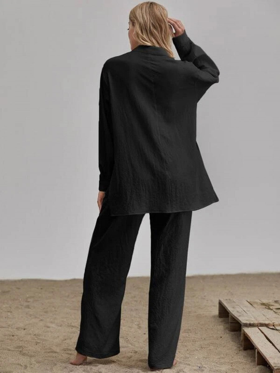 Slit Hem Longline Blouse & Wide Leg Pants Set Shein