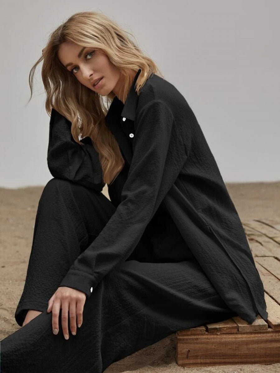 Slit Hem Longline Blouse & Wide Leg Pants Set Shein