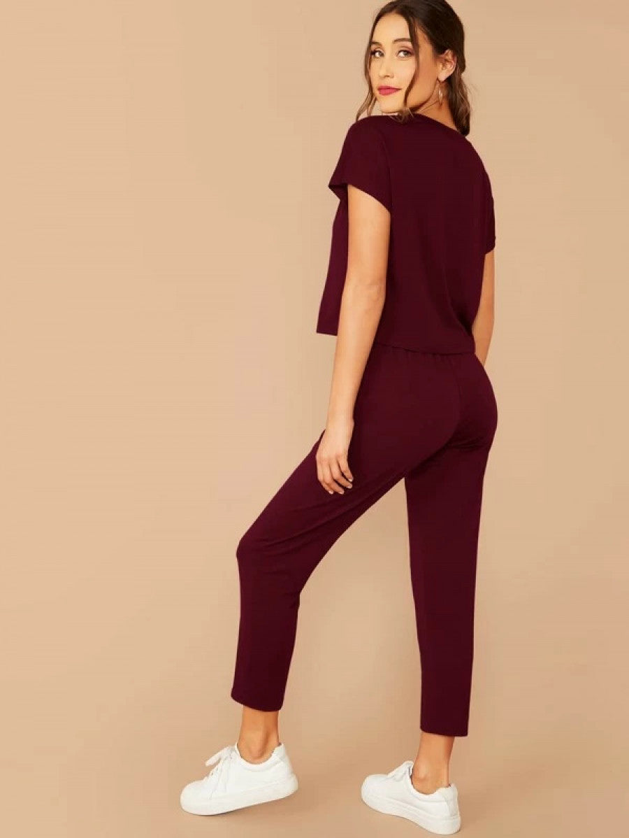 Solid Boxy Tee & Drawstring Ankle-Cut Pants Set Shein