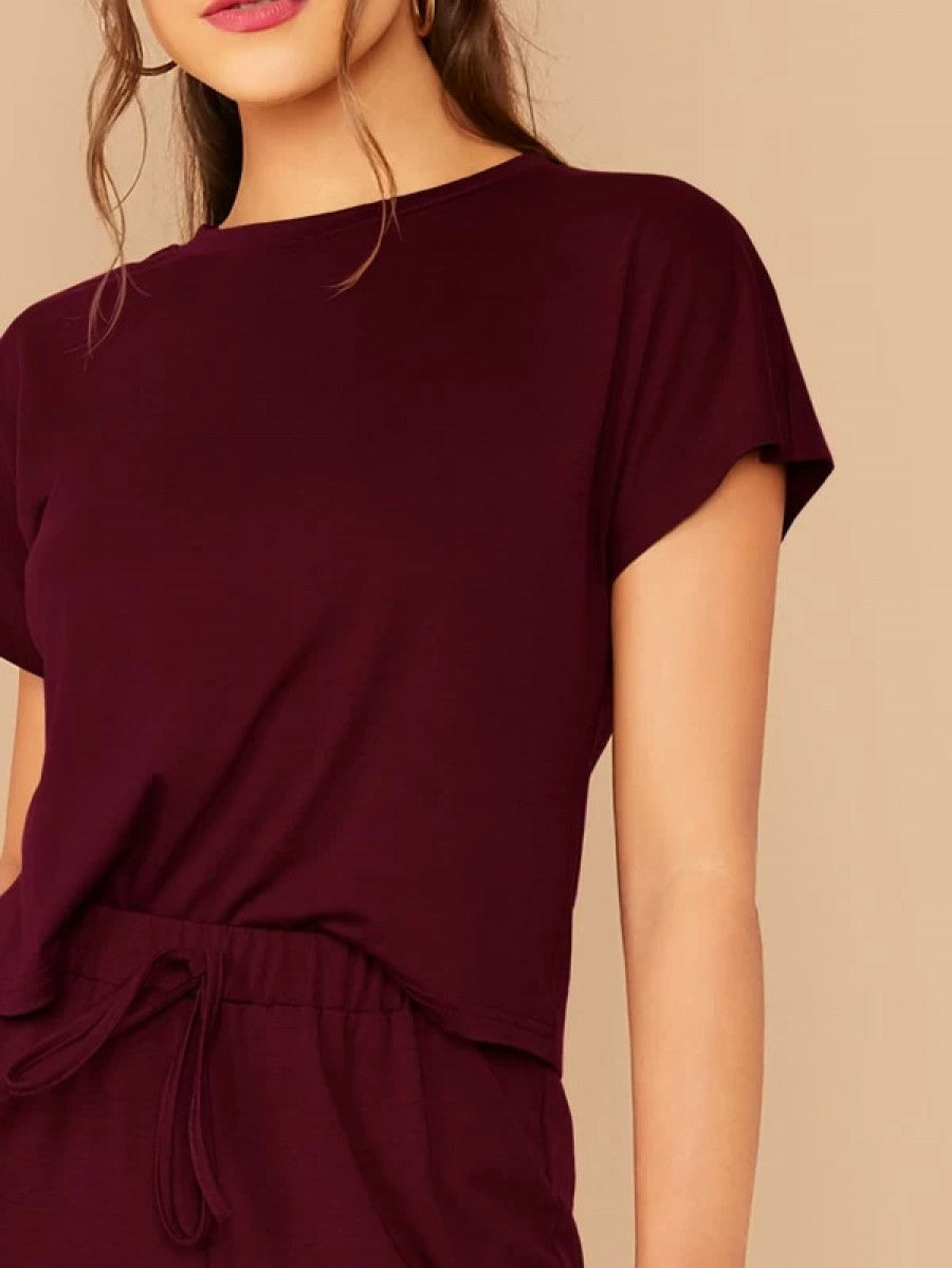 Solid Boxy Tee & Drawstring Ankle-Cut Pants Set Shein
