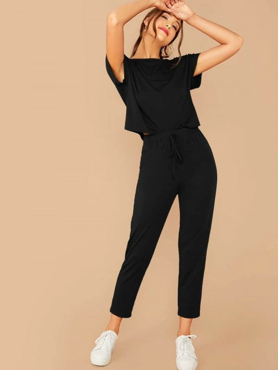 Solid Boxy Tee & Drawstring Ankle-Cut Pants Set Shein