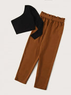 One Shoulder Top & Paperbag Waist Belted Pants Set Shein