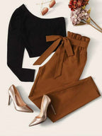 One Shoulder Top & Paperbag Waist Belted Pants Set Shein