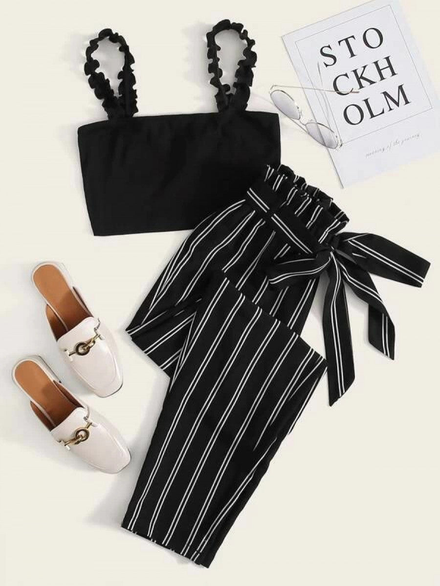 Frill Trim Strap Cami Top & Paperbag Waist Striped Pants Set Shein