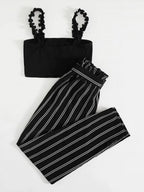 Frill Trim Strap Cami Top & Paperbag Waist Striped Pants Set Shein