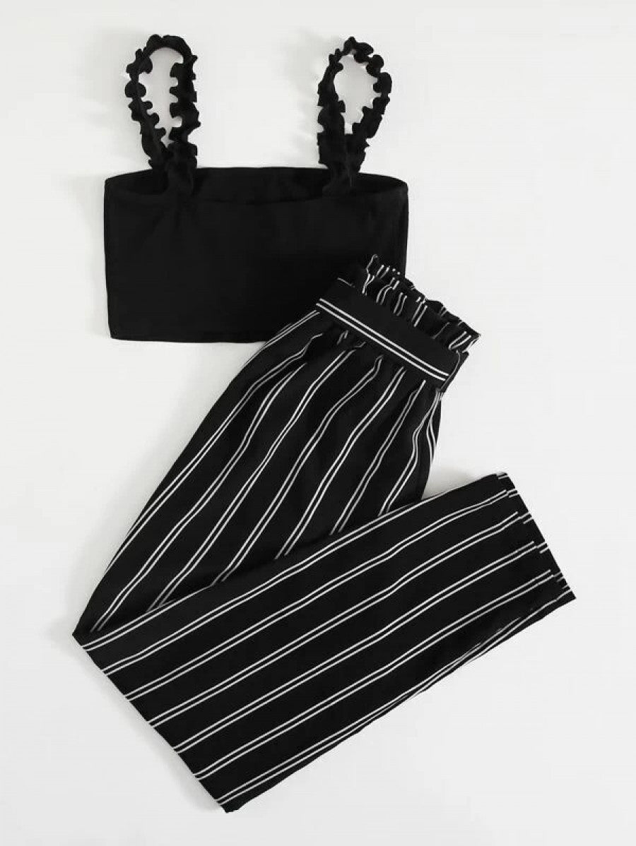 Frill Trim Strap Cami Top & Paperbag Waist Striped Pants Set Shein