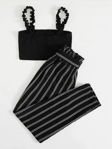 Frill Trim Strap Cami Top & Paperbag Waist Striped Pants Set