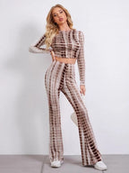 Tie Dye Lettuce Edge Tee and Flare Leg Pants Set Shein