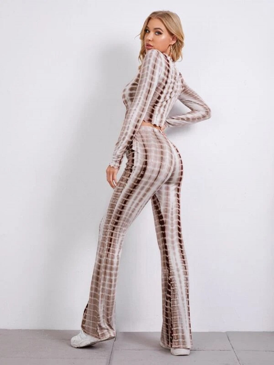 Tie Dye Lettuce Edge Tee and Flare Leg Pants Set