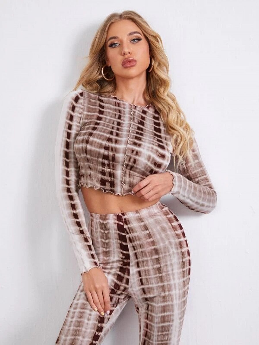Tie Dye Lettuce Edge Tee and Flare Leg Pants Set
