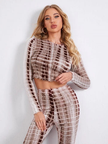 Tie Dye Lettuce Edge Tee and Flare Leg Pants Set