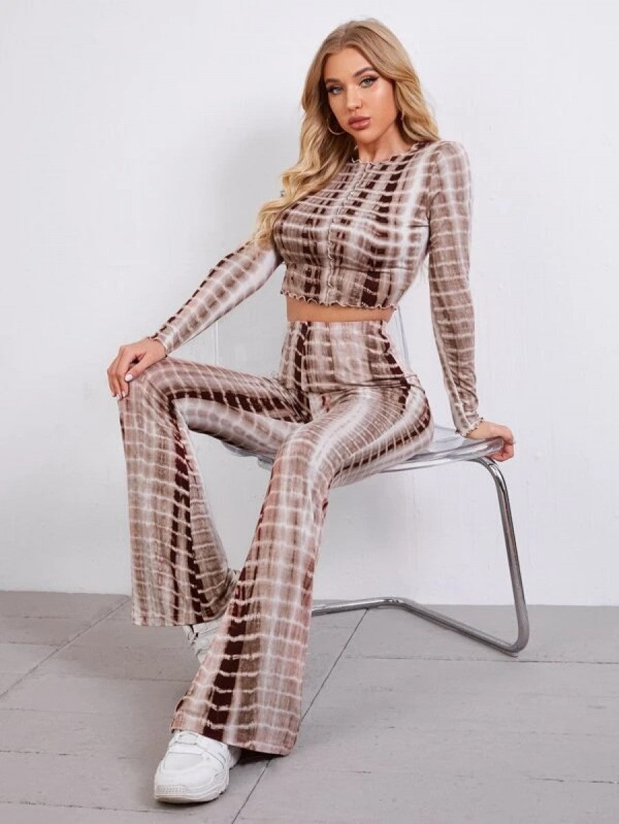 Tie Dye Lettuce Edge Tee and Flare Leg Pants Set Shein