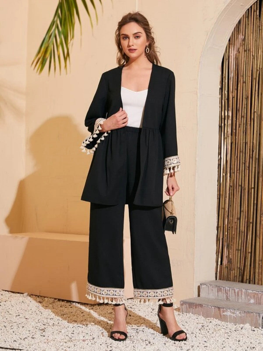 Fringe Trim Top & Pants Set Shein