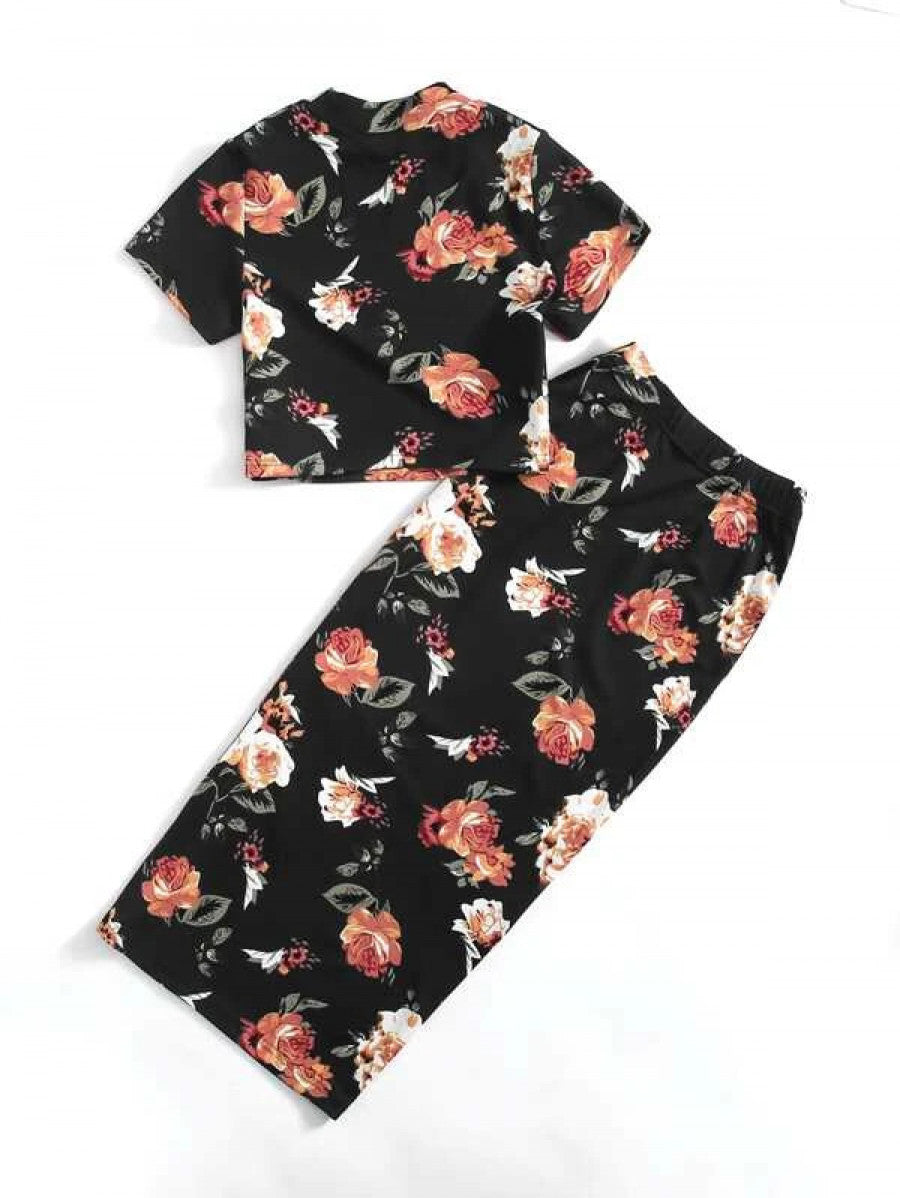 Mock-Neck Floral Top & Skirt Set Shein