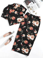 Mock-Neck Floral Top & Skirt Set Shein