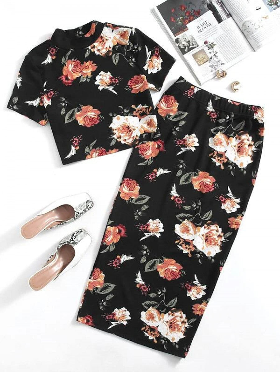 Mock-Neck Floral Top & Skirt Set Shein