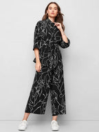 Collared Self Belted Allover Print Blouse & Wide Leg Pants Set Shein