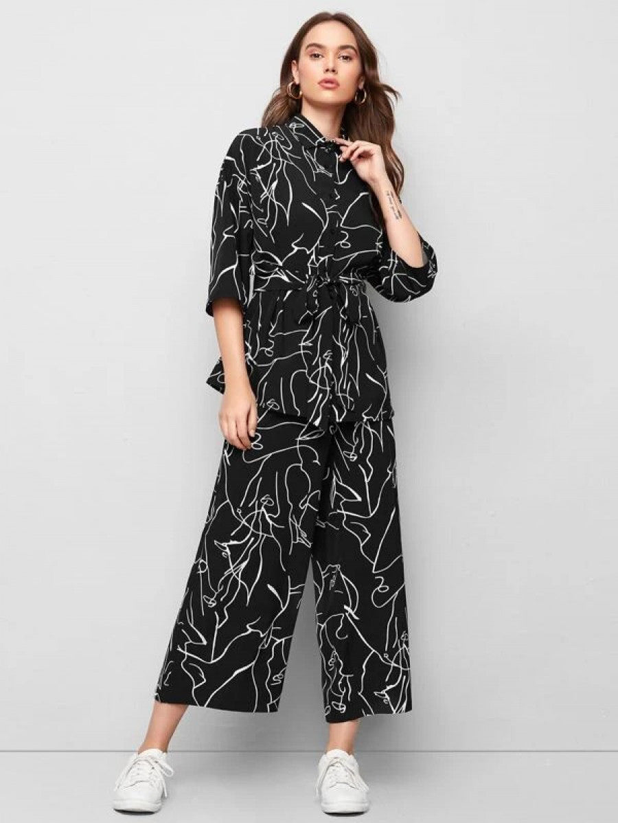 Collared Self Belted Allover Print Blouse & Wide Leg Pants Set Shein