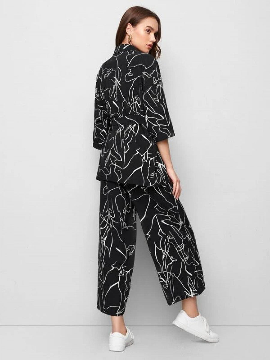 Collared Self Belted Allover Print Blouse & Wide Leg Pants Set Shein