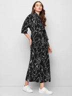 Collared Self Belted Allover Print Blouse & Wide Leg Pants Set Shein