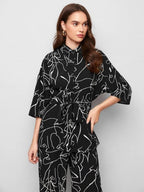 Collared Self Belted Allover Print Blouse & Wide Leg Pants Set Shein