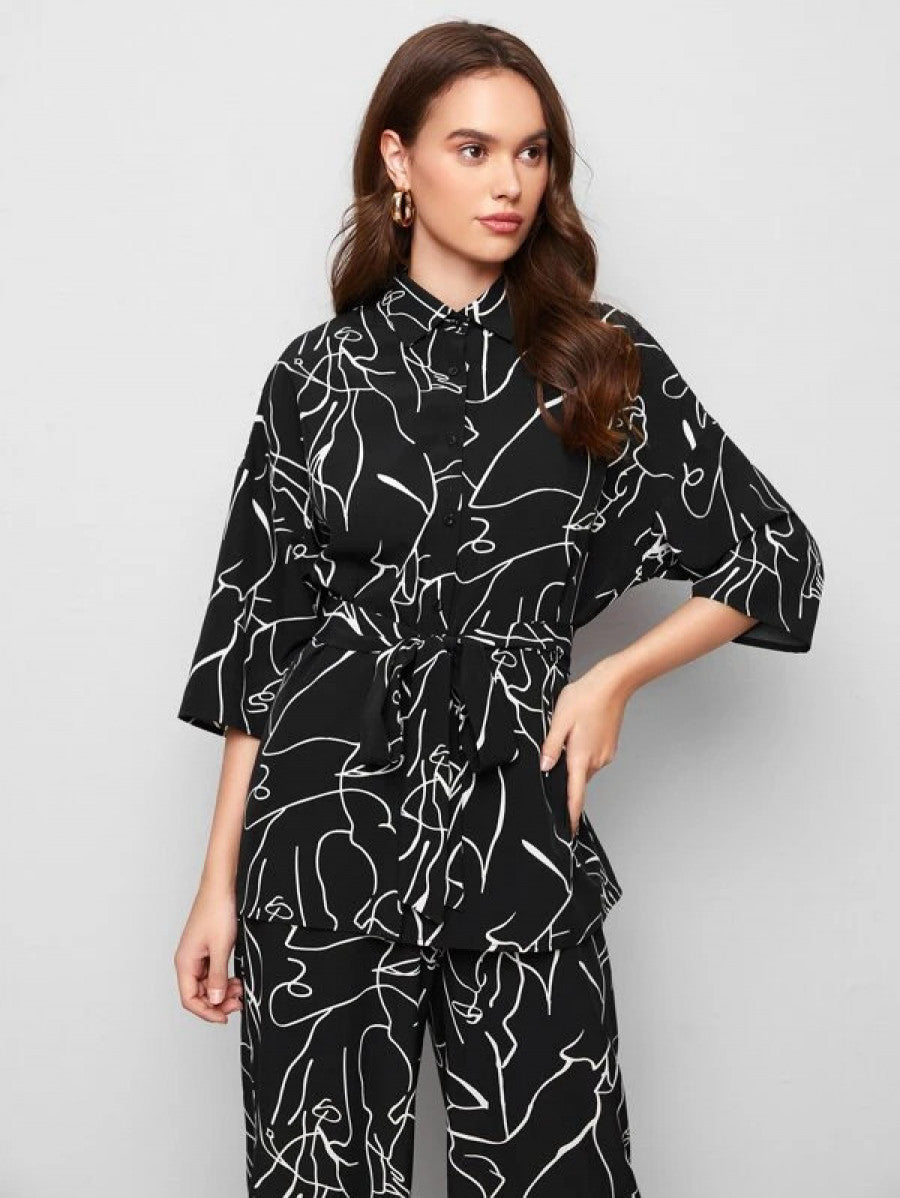 Collared Self Belted Allover Print Blouse & Wide Leg Pants Set Shein