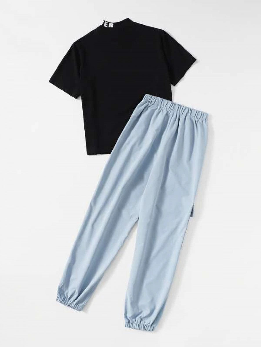 Letter Graphic Tee & D-ring Tie Front Pants Set