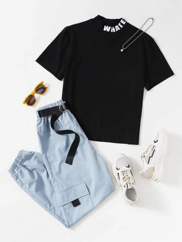 Letter Graphic Tee & D-ring Tie Front Pants Set