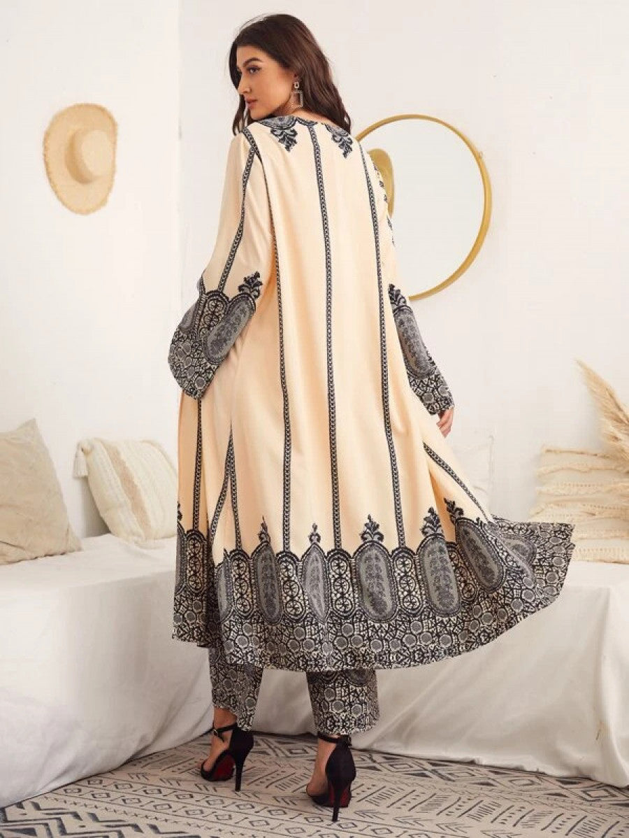 Open Front Graphic Print Tunic Blouse and Pants Set Shein