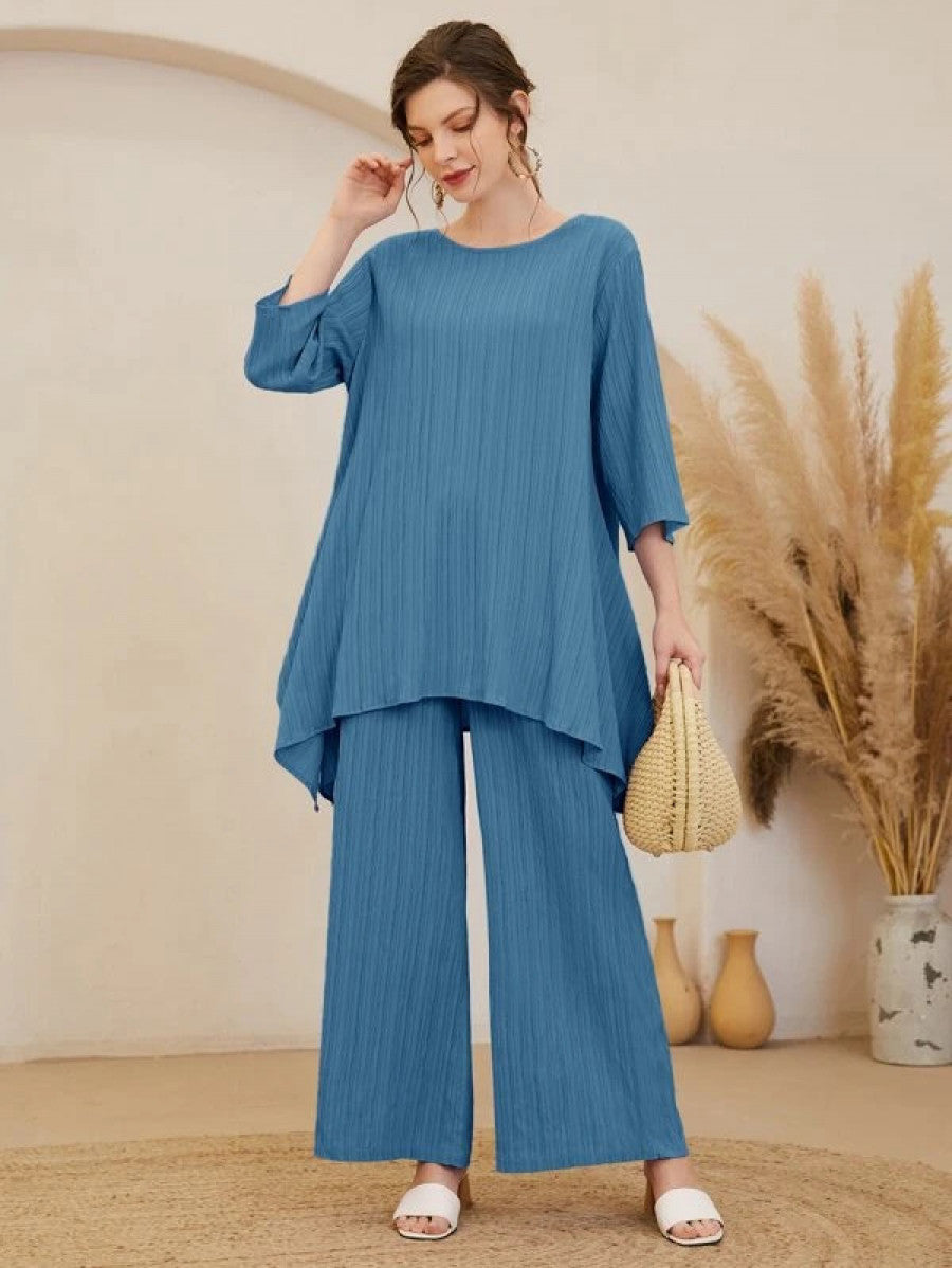 Asymmetrical Hem Solid Top & Pants Set Shein