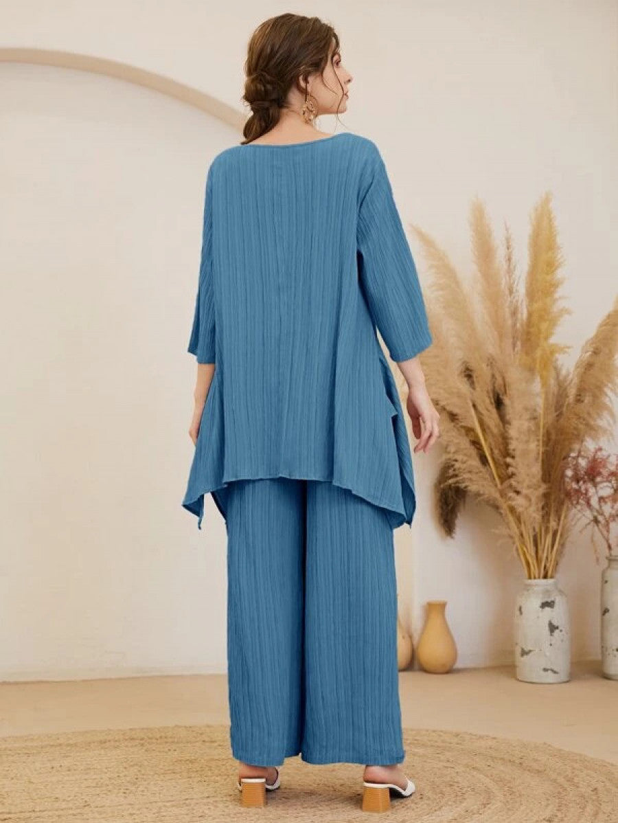 Asymmetrical Hem Solid Top & Pants Set Shein