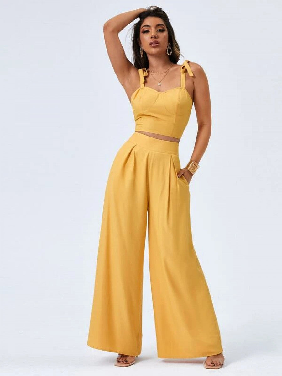 Tie Shoulder Cami Top & Wide Leg Pants Set Shein