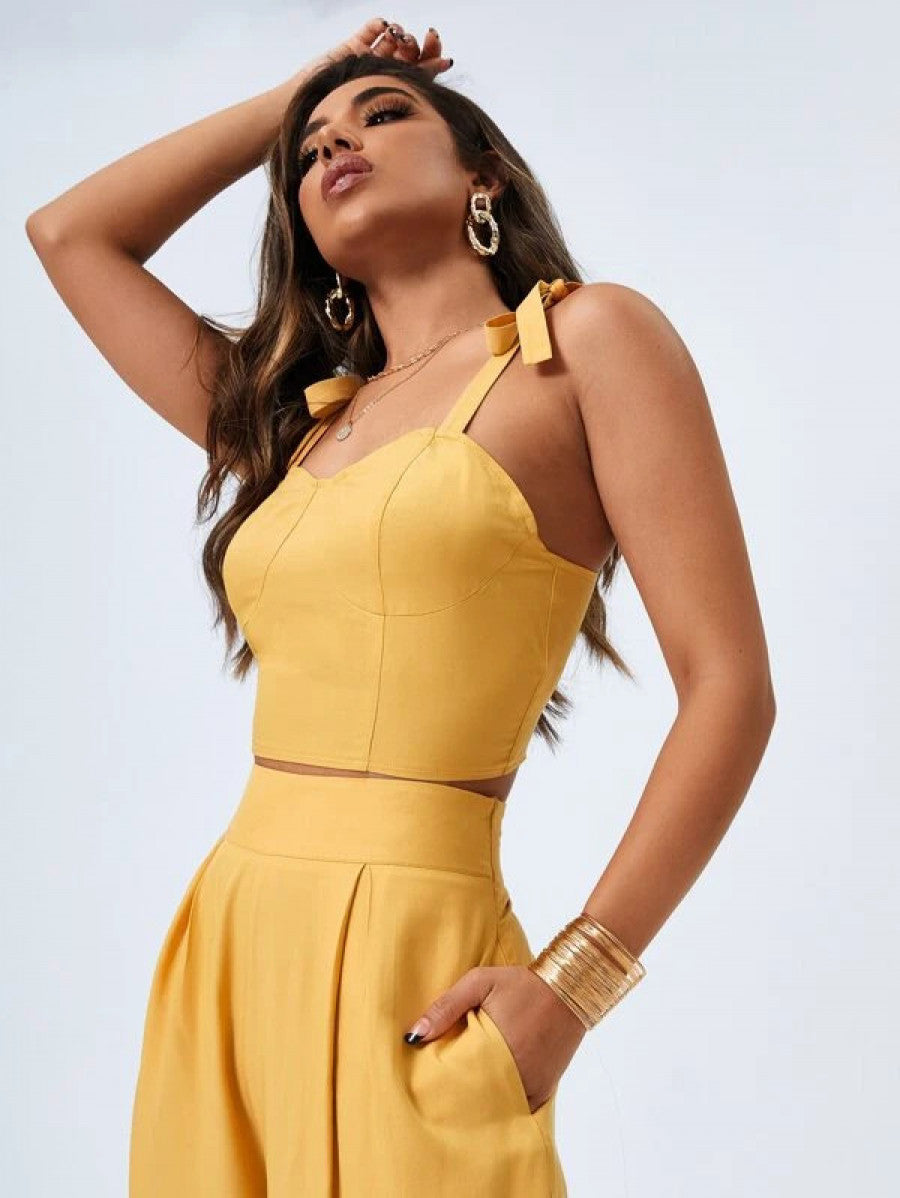 Tie Shoulder Cami Top & Wide Leg Pants Set Shein