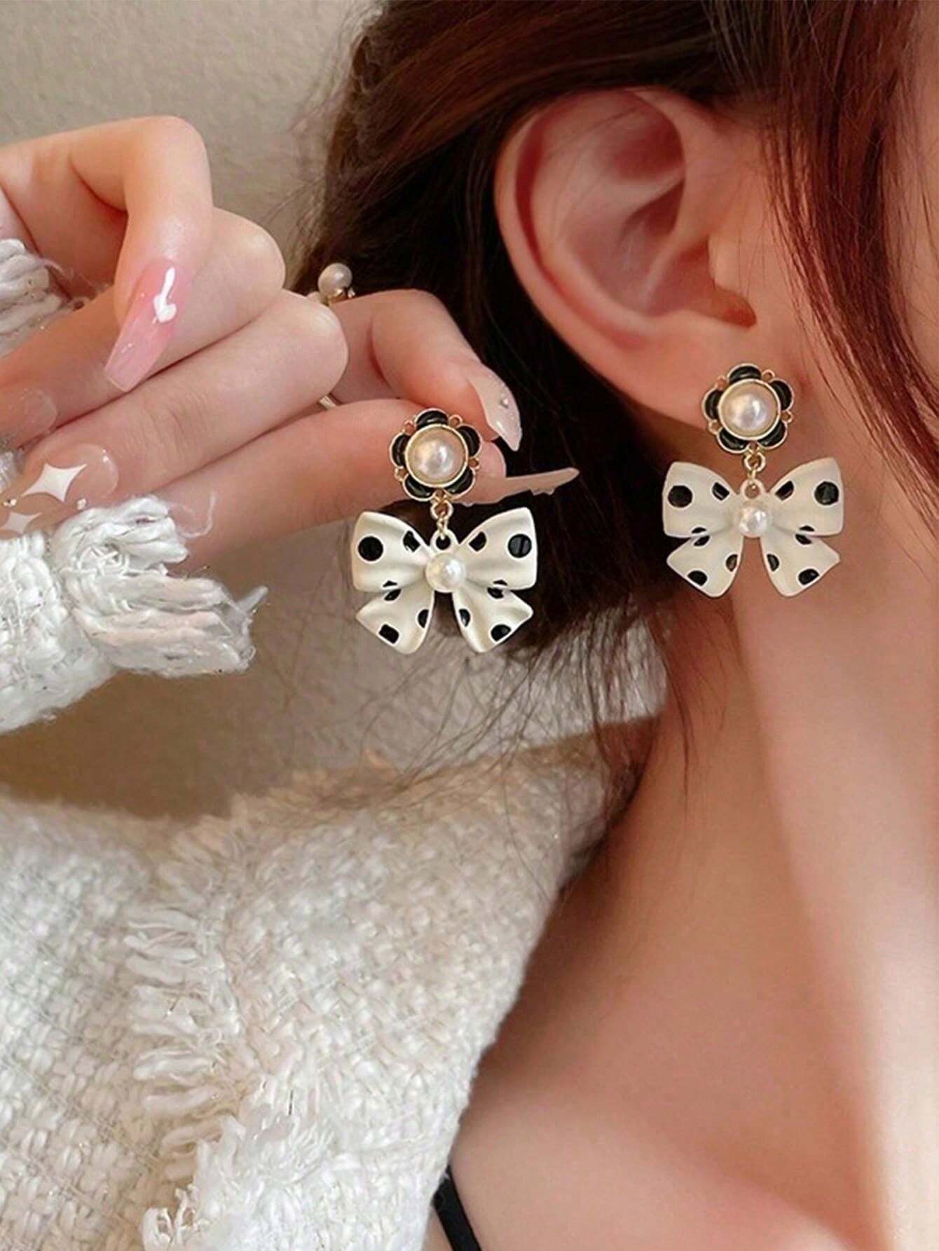 1 Pair Korean Chic Cute Polka Dot Bow Earrings shein