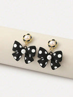 1 Pair Korean Chic Cute Polka Dot Bow Earrings shein