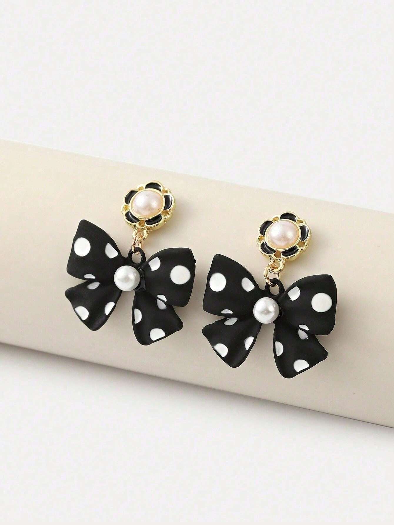 1 Pair Korean Chic Cute Polka Dot Bow Earrings shein
