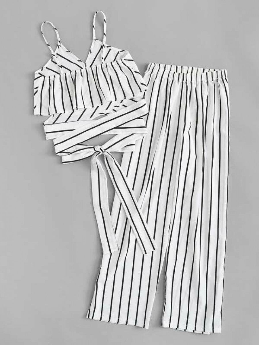 Striped Self-Tie Cami Top & Wide-Leg Pants Set Shein