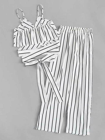 Striped Self-Tie Cami Top & Wide-Leg Pants Set