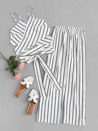Striped Self-Tie Cami Top & Wide-Leg Pants Set Shein