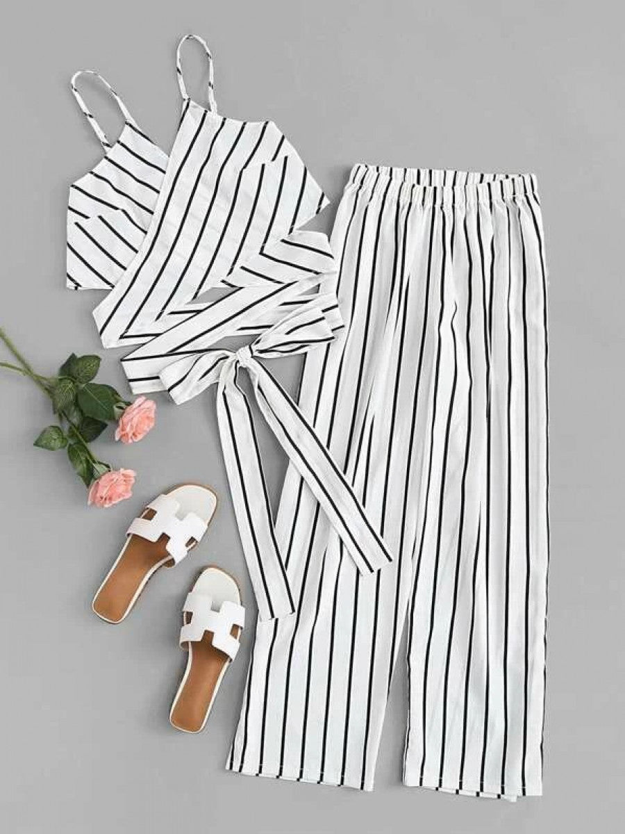 Striped Self-Tie Cami Top & Wide-Leg Pants Set Shein