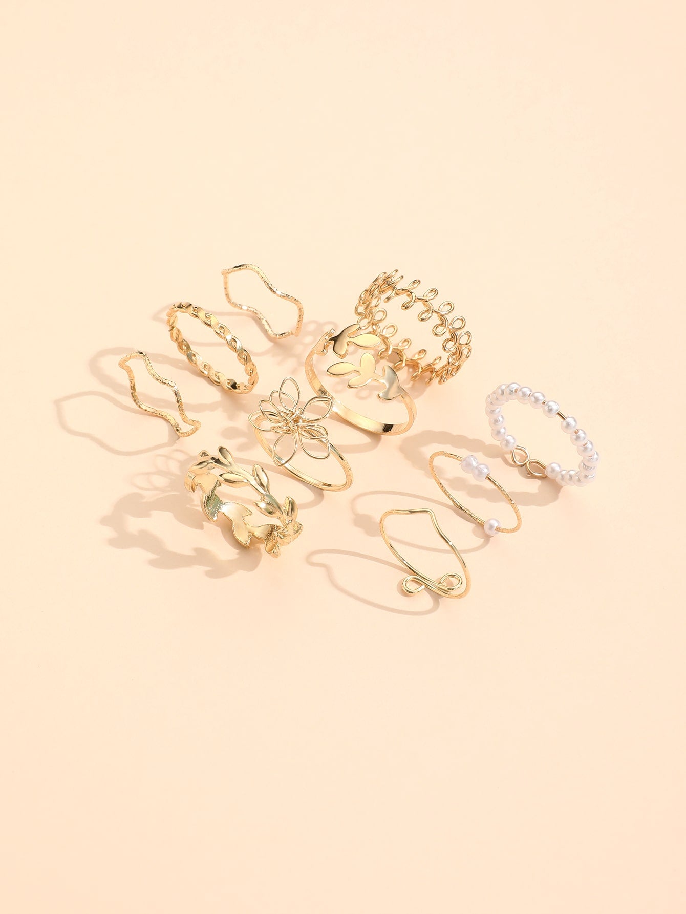 10pcs Leaf & Faux Pearl Decor Ring Shein