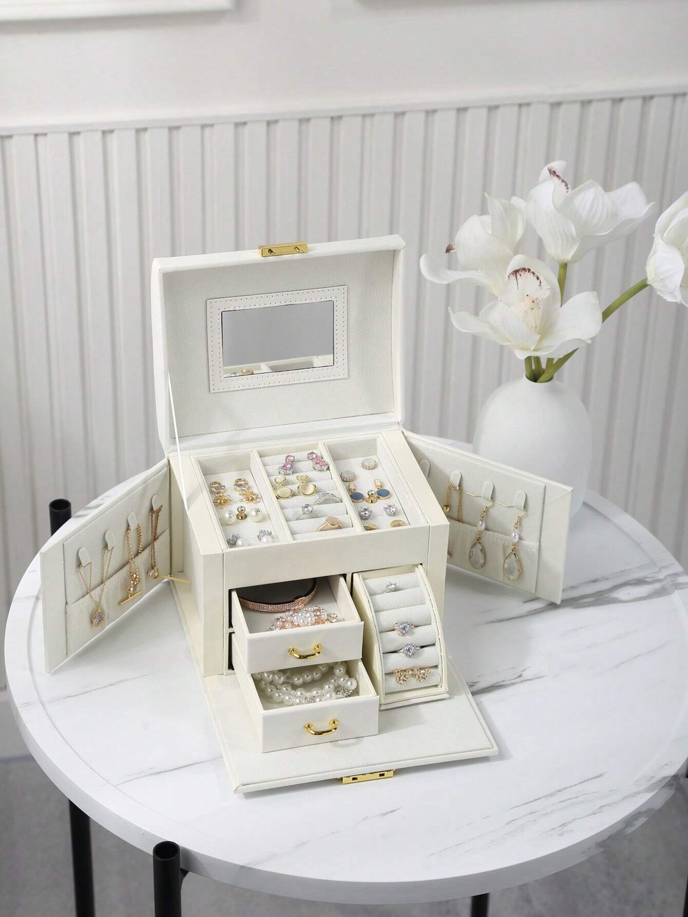 1PC Luxury PU Leather Drawer Jewelry Boxes Shein