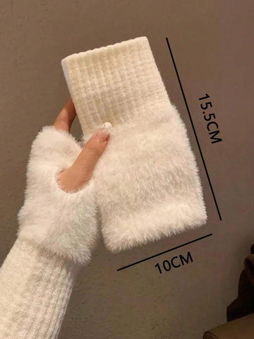 1pair Mink Fleece Soft Winter Half Finger Gloves Shein