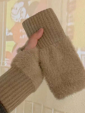 1pair Mink Fleece Soft Winter Half Finger Gloves Shein