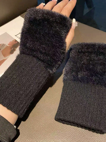 1pair Mink Fleece Soft Winter Half Finger Gloves Shein