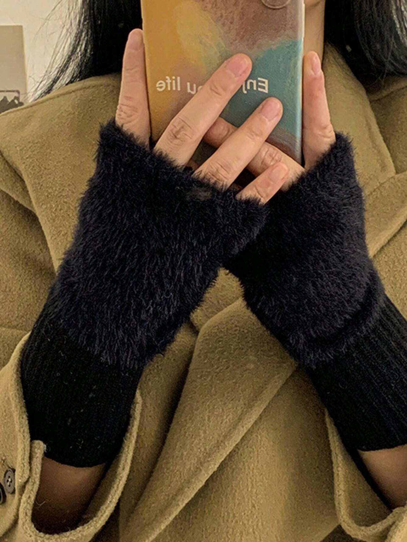 1pair Mink Fleece Soft Winter Half Finger Gloves Shein