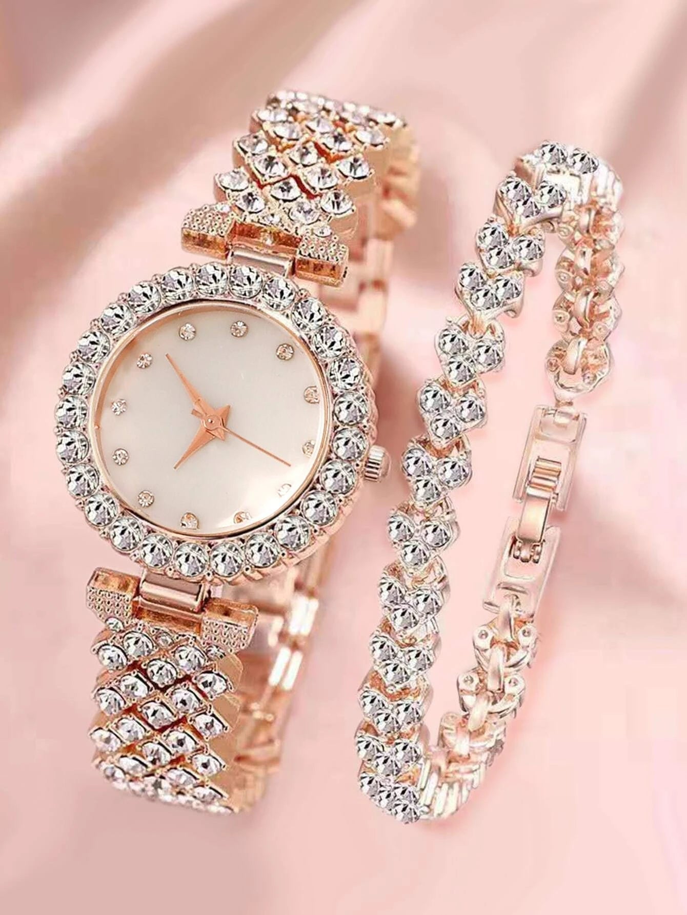 1pc Rhinestone Decor Quartz Watch & 1pc Bracelet Shein