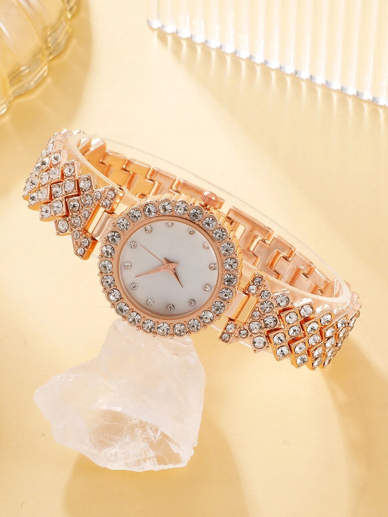 1pc Rhinestone Decor Quartz Watch & 1pc Bracelet Shein