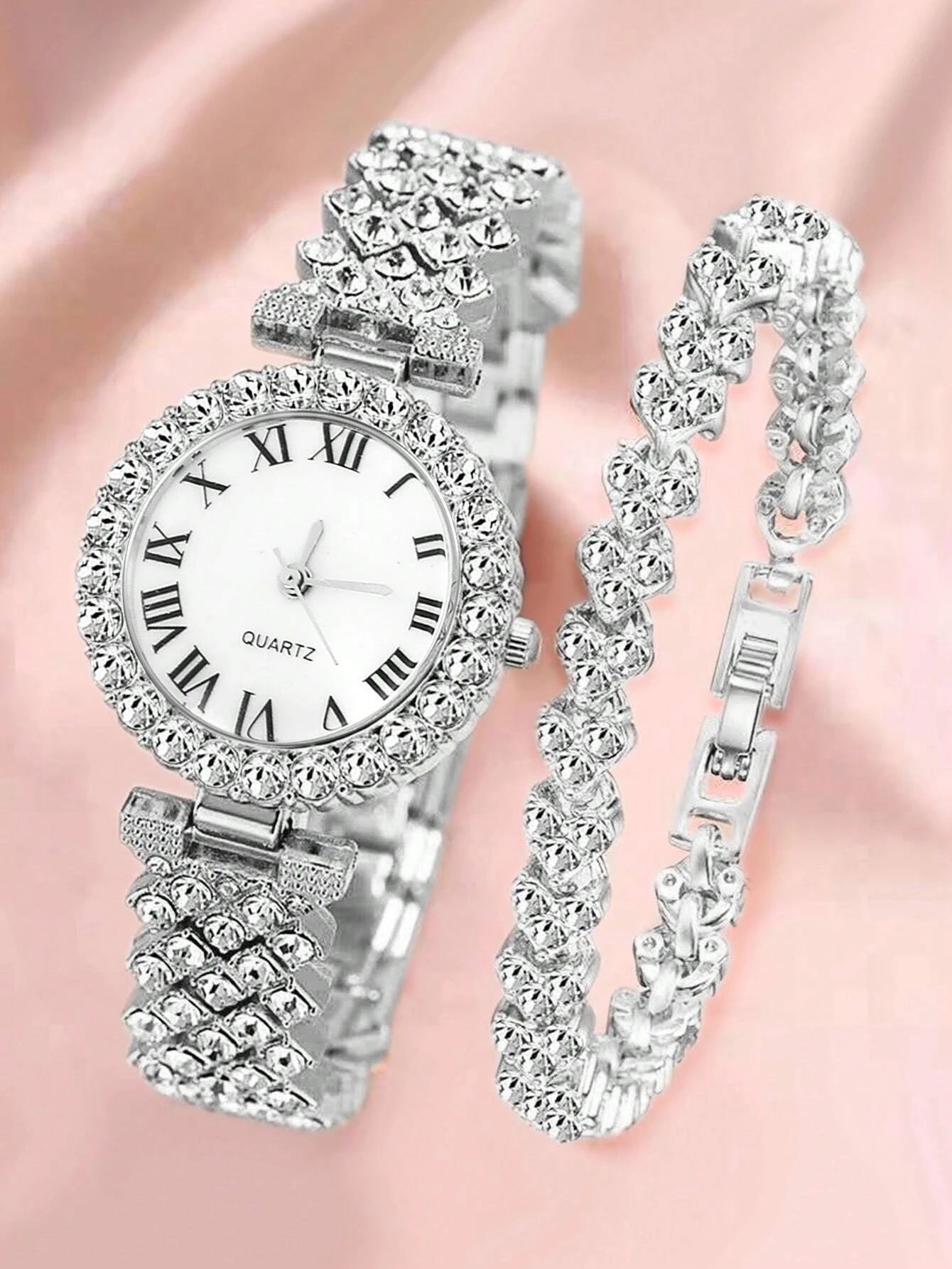 1pc Rhinestone Decor Quartz Watch & 1pc Bracelet Shein