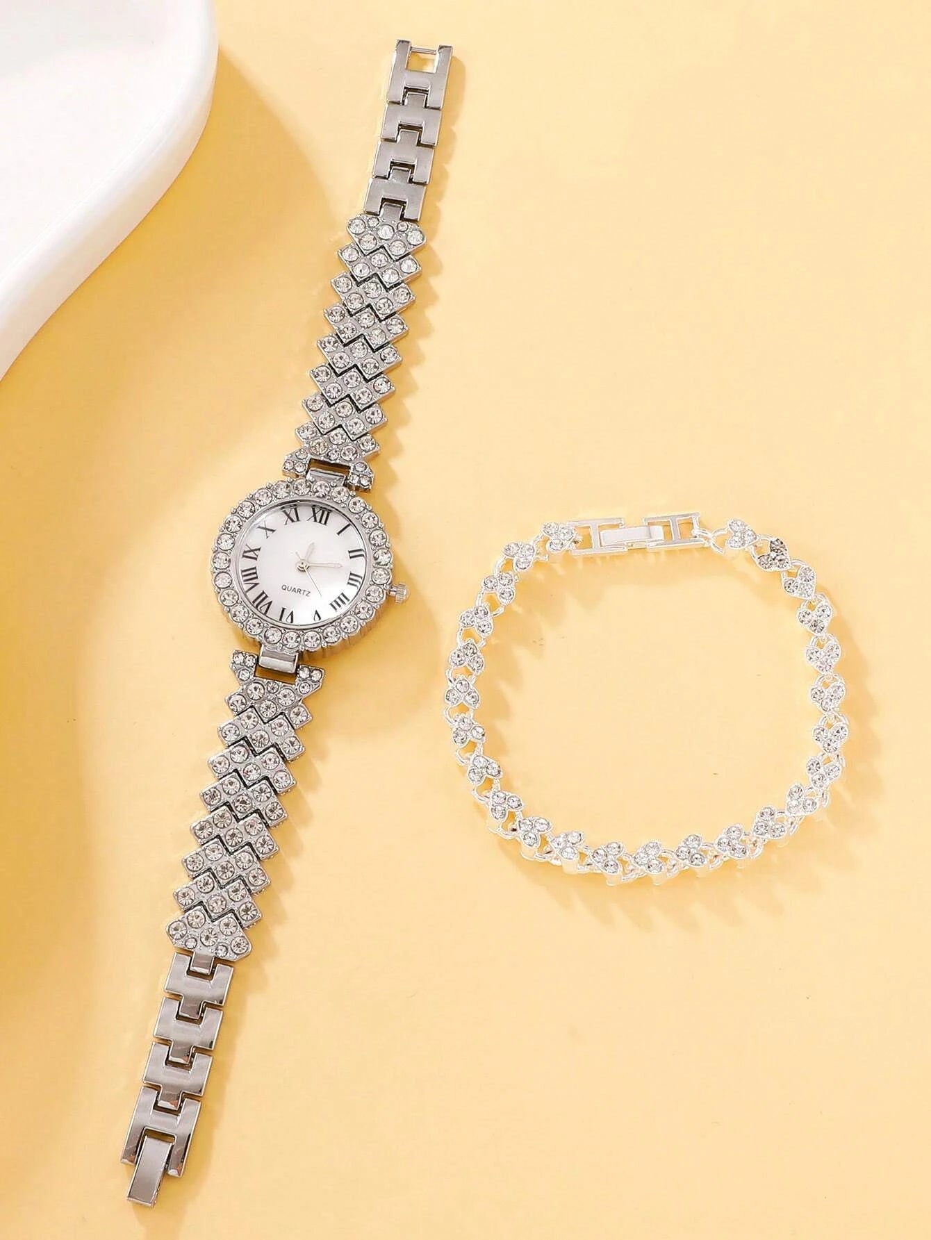 1pc Rhinestone Decor Quartz Watch & 1pc Bracelet Shein